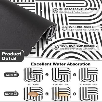 Findosom Dish Drying Mat, 12" x 20" Super Absorbent Dish Mat with Modern Geometric Striped, Hide Stain Drying Mat for Kitchen Counter, Under Dish Rack, Coffee Maker, Espresso Machine, Black & White
