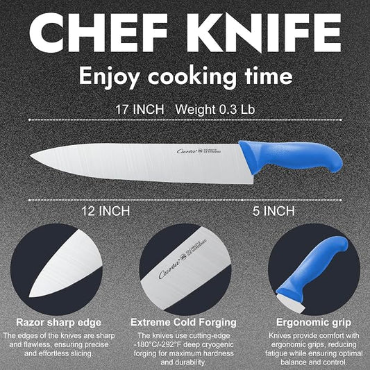 CURTA 12-inch Commercial-Grade Chef's Knife, NSF Listed, Ergonomic, Non-slip Blue Handle, High Carbon 420 Stainless Steel Forged Blade Straight Edge, Dishwasher Safe, Rust Proof