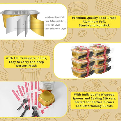 10oz Mini Cake Pans with Lids, 40 Pack Aluminum Foil Brownie Pans,Disposable Ramekins Muffin Tins,Square Baking Pans Cupcake Cups,Individual Dessert Containers Flans for Brownie - Gold