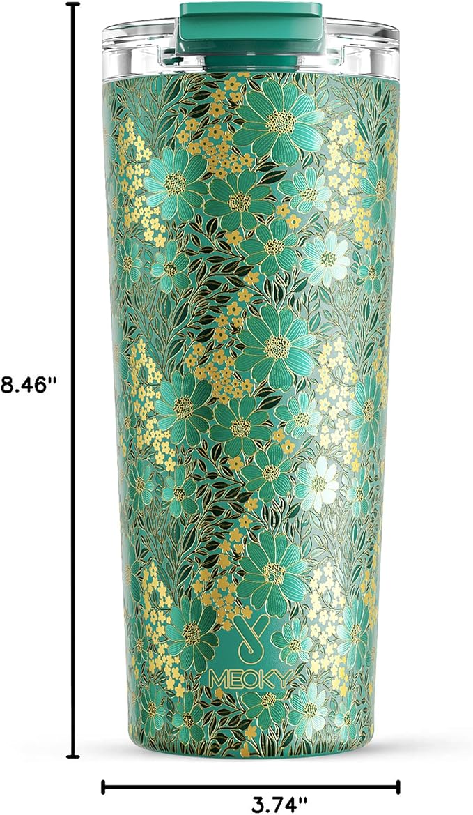 Meoky 24 oz Travel Coffee Mug with Leak-proof Lid, Stainless Steel Insulated Coffee Tumbler, Keeps Hot for 8 Hours or Cold for 24 Hours, Fits in Car Cup Holder (Emerald Bloom)
