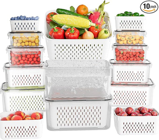 KEMETHY 10 Pack Fruit Storage Containers for Fridge with Removable Colanders - Food Storage Containers with Lids, BPA-Free Produce Containers Keep Fruits, Vegetables, Berry, Meat Fresh Longer