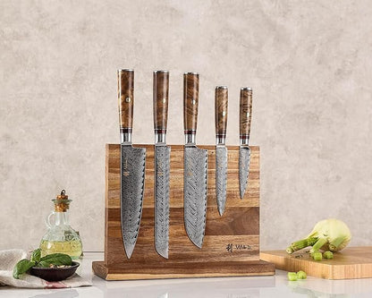 Wakoli Damascus Chef Knife Set with Magnetic Block – 5-Piece Professional Kitchen Knife Block Set, Genuine 67-Layer Damascus Steel Blades with VG10 Core & Ergonomic Sycamore Wood Handles