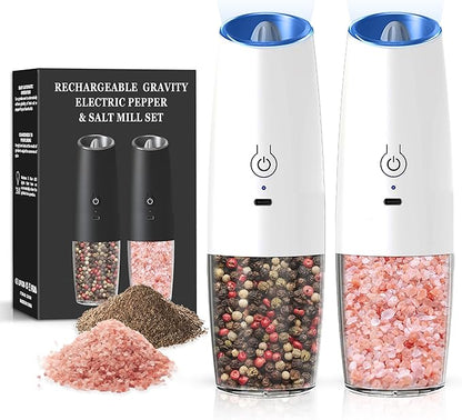 Rechargeable Salt And Pepper Grinder Set with LED Light, Automatic Electric Gravity Salt And Pepper Shakers Set, No Battery Needed, Adjustable Roughness, 2 Pack (White)