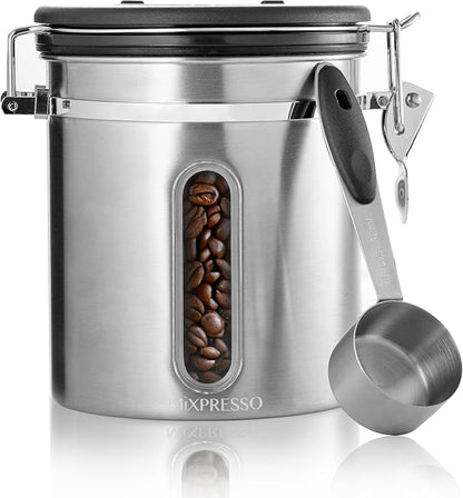 Mixpresso 16 Oz Stainless Steel Coffee Canister with Scoop and Window – Airtight Coffee Container with CO2 Valve for Bean Storage, Date Tracker Lid