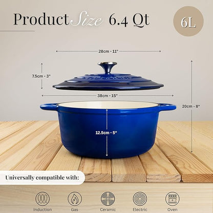 Nuovva Enamelled Cast Iron Dutch Oven Pot with Lid-6.4 Quart Non Stick Casserole Pot-Heavy Duty & Oven Safe up to 500° F for Bread Baking, Braising, Stews, Roasting - 28cm Dark Blue