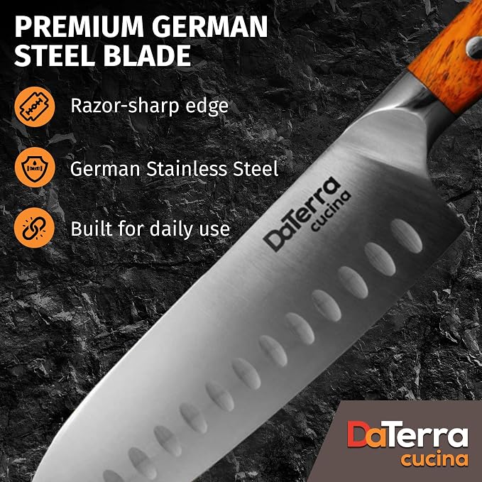 DaTerra Cucina - 7 Inch Santoku Knife – German Steel Professional Kitchen Knife with Ergonomic Rosewood Handle, Sharp, Durable, Rust Proof, Easy to Clean | Ideal for Chopping, Slicing & Dicing