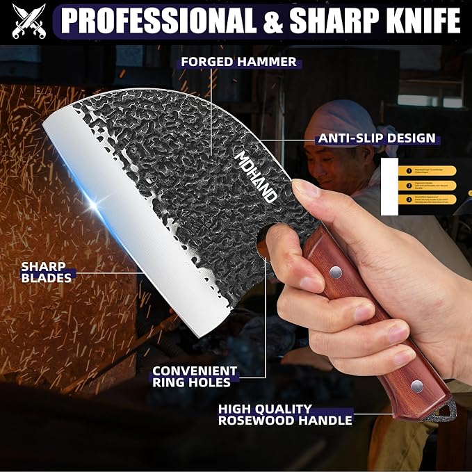 MDHAND Butcher Knife Set, 8PCS Hand Forged Serbian Chef Knife Set, Meat Cleaver Knife for Kitchen, Bone Chopper Knives & Viking Knives for Home & Outdoor Camping BBQ, Gift for Men
