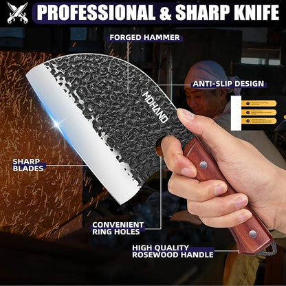 MDHAND Butcher Knife Set, 8PCS Hand Forged Serbian Chef Knife Set, Meat Cleaver Knife for Kitchen, Bone Chopper Knives & Viking Knives for Home & Outdoor Camping BBQ, Gift for Men