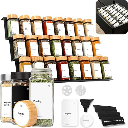 KIVY Spice Drawer Organizer with 24 Spice Jars & 240 Labels - Seasoning Rack for Organization - Kitchen Drawer Insert for Spice Jars - Glass Seasoning Jars with Airtight Lids - Glass Spice Jars Empty
