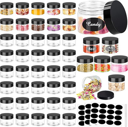SLifeJars 4OZ Plastic Jars 48Pcs Wide Mouth Round Clear Container Jars with Black Lids Stackable Empty Slime Jar Refillable Clear Airtight Travel Storage Jar for Kitchen, Beauty Products and More