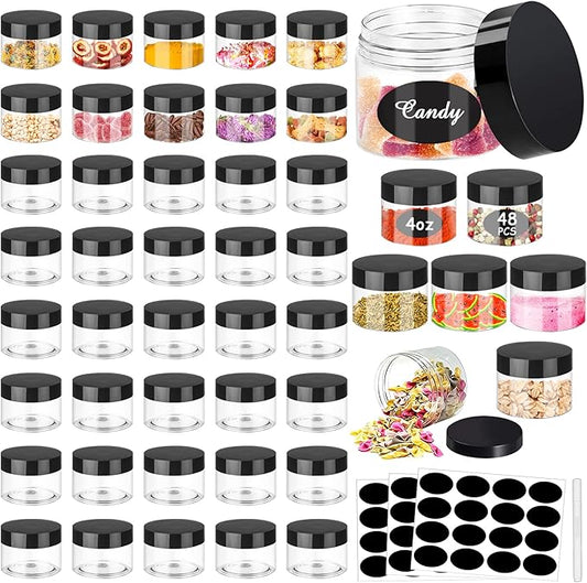 SLifeJars 4OZ Plastic Jars 48Pcs Wide Mouth Round Clear Container Jars with Black Lids Stackable Empty Slime Jar Refillable Clear Airtight Travel Storage Jar for Kitchen, Beauty Products and More