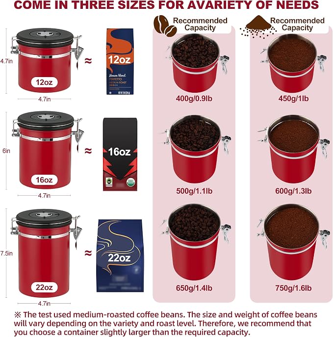 ShanSon Coffee Canister Airtight, Stainless Steel Bean Storage Container with Date Tracker & Scoop, Grounds Sugar Flour Tea Cereal Fits Kitchen Pantry, Ideal Gift for Coffee Lovers,12oz,Red