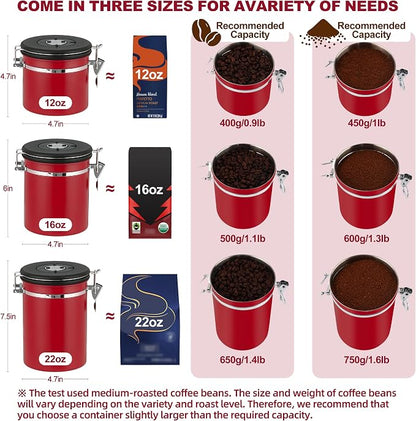 ShanSon Coffee Canister Airtight, Stainless Steel Bean Storage Container with Date Tracker & Scoop, Grounds Sugar Flour Tea Cereal Fits Kitchen Pantry, Ideal Gift for Coffee Lovers,12oz,Red