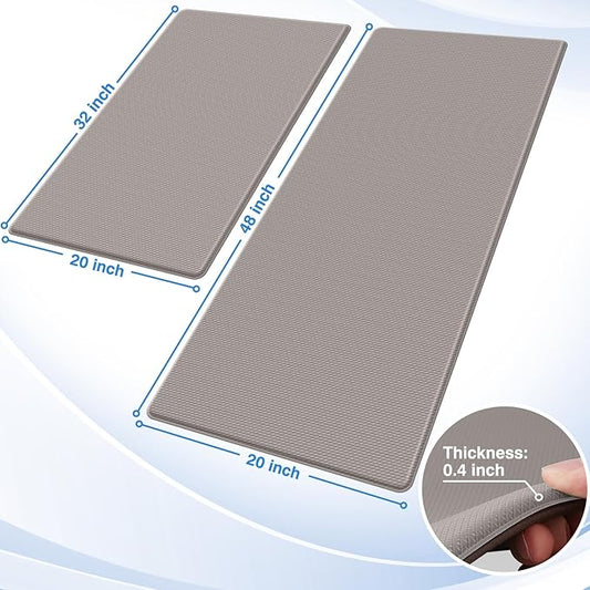 StepRite Kitchen Mats, 2PCS Kitchen Rugs, Cushioned Anti Fatigue Kitchen Mats for Floor, Non-Slip Standing Desk Mat, Waterproof Kitchen Rug Set for Kitchen, 20" x 32"+20" x 48"-0.4 inch Thick, Khaki