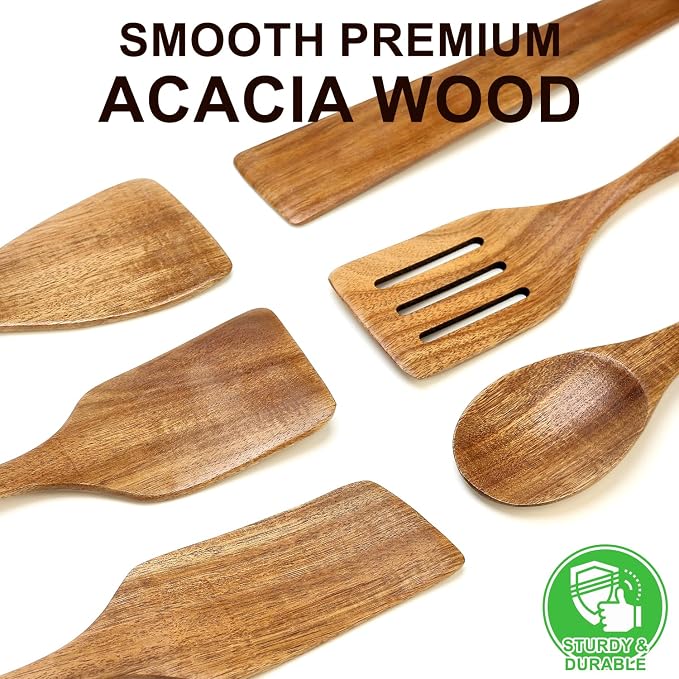 6 Pack Acacia Wood Spatula Set Non Toxic Kitchen Utensils for Cooking Spoon Flat Wooden Wok Spatula Spurtle Kitchen Tools Slotted Turner Scraper Bamboo Cooking Utensil Set Fish Egg Flipper Spatulas