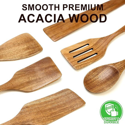 6 Pack Acacia Wood Spatula Set Non Toxic Kitchen Utensils for Cooking Spoon Flat Wooden Wok Spatula Spurtle Kitchen Tools Slotted Turner Scraper Bamboo Cooking Utensil Set Fish Egg Flipper Spatulas