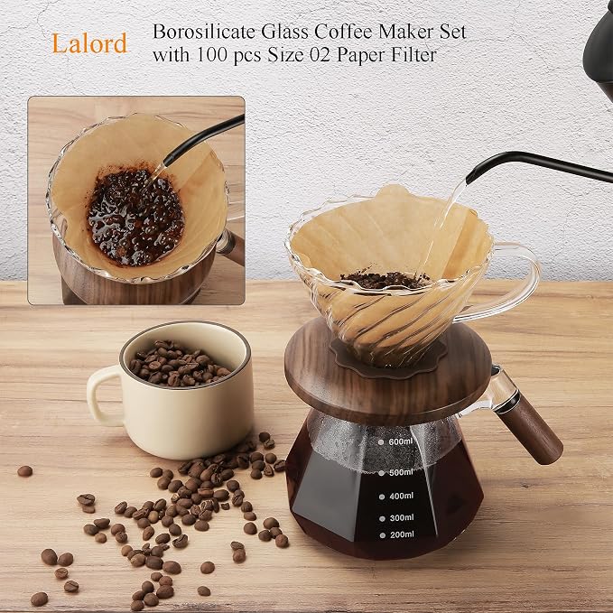 Lalord Pour Over Coffee Maker, 20 oz Borosilicate Glass Set with 100 pcs Paper Filter, Coffee Dripper with Walnut Collar, Coffee Pot with Glass Lid, 1-3 Cups, Clear, (600 ml)
