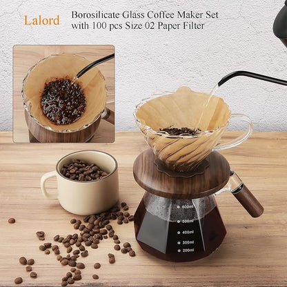 Lalord Pour Over Coffee Maker, 20 oz Borosilicate Glass Set with 100 pcs Paper Filter, Coffee Dripper with Walnut Collar, Coffee Pot with Glass Lid, 1-3 Cups, Clear, (600 ml)