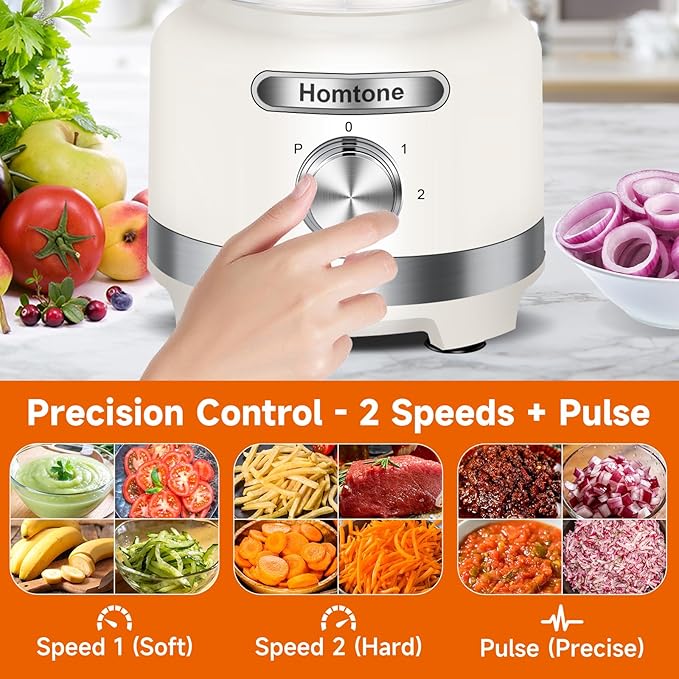 Homtone 16 Cups Food Processor, Large Food Chopper with French Fry Cutter, 9 Functions 7 Blades for Shredding, Slicing, Doughing for Home Use, 3 Speeds, 600W (Beige, 16 Cup)