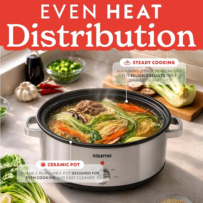 Gourmia Slow Cooker - 7 Quart Removable Ceramic Pot, Manual Controls with 3 Temperature Settings, Dishwasher Safe Crock and Glass Lid, Stainless Steel