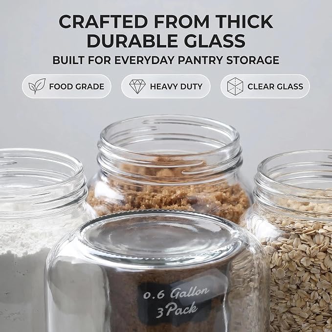 78oz Large Square Airtight Glass Jars with Lids, Wide Mouth Food Storage Canisters, Hold 4lb Sugar or 5lb Rice, Heavy Duty Pantry Containers for Flour, Coffee, Bulk Storage