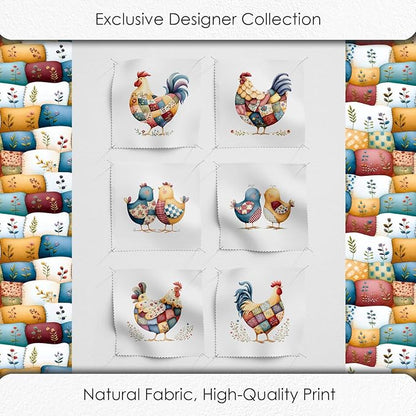 Farmhouse Chicken Patchwork Cotton Fabric Panel – 6 Designs (10×10 inch Each) + Bonus Patchwork Sheet 29.5×19.6 inch, 100% Cotton 140 GSM