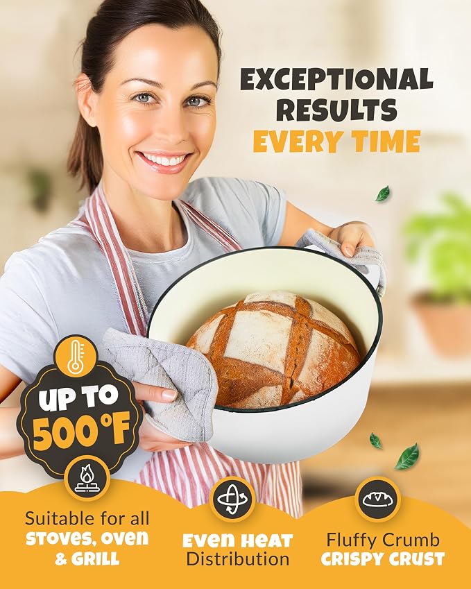 CRUSTLOVE Dutch Oven for Bread Baking - incl. Sourdough Bread-Baking Supplies like Banneton Bread-Proofing Basket - 5QT Enameled Cast Iron Bread-Oven with Lid, Baking Pan, Scoring Tool Lame