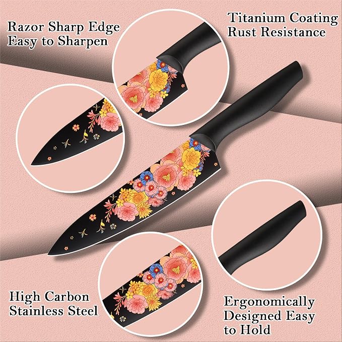 Marco Almond Knife Set Artistic Designed Pattern Kitchen Knife 6 Stainless Steel Kitchen Knives w 6 Blade Guards,Dishwasher Safe Kitchen Knife Sets for Family Knives Set for Chefs