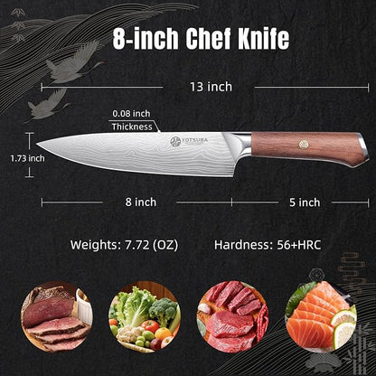 YOTSUBA 8 Inch Japanese Chef Knife, Ultra Sharp Professional Kitchen Knife, High Carbon Stainless Steel Knife with Ergonomic Wood Handle, Ideal for Home Cooking and Premium Gifting