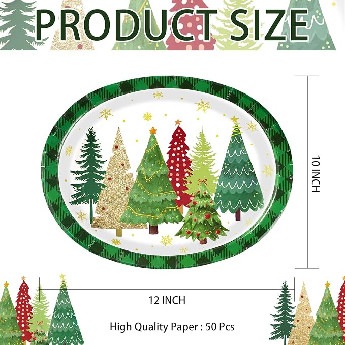 50Pcs Christmas Tree Oval Plates 10" x12" Large Christmas Tree Heavy Duty Paper Plates Santa Trees Disposable Platters Tableware for Winter Holiday Xmas Party Decorations