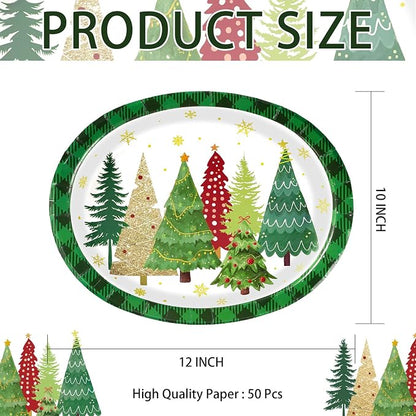 50Pcs Christmas Tree Oval Plates 10" x12" Large Christmas Tree Heavy Duty Paper Plates Santa Trees Disposable Platters Tableware for Winter Holiday Xmas Party Decorations