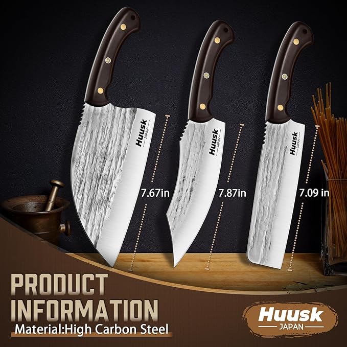 Huusk Serbian Chef Knife Set - 3PCS Hand Forged Butcher Knife Set - Meat Cleaver, Nakiri, Grill Knives with Full Tang Wooden Handle, Gifts for Men and Women