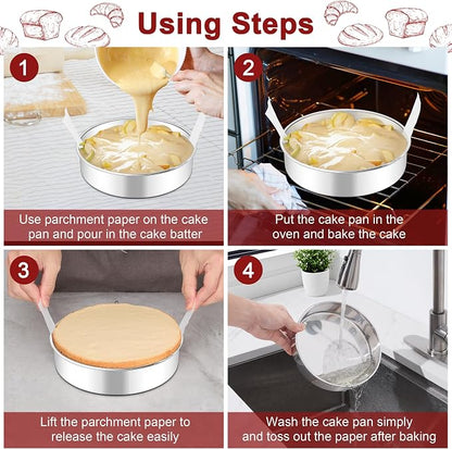LIANYU 8 Inch Cake Pan Set of 3, Stainless Steel Round Baking Pans with 90 PCS Parchment Paper, Non Toxic Bakeware Tins for Layer Birthday Wedding Cake, Leak-proof & Dishwasher Safe