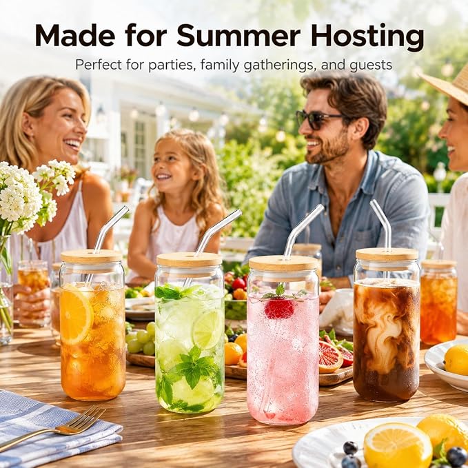 Glass Cups with Lids and Straws Set of 16, 16 oz Can Glasses with Bamboo Lids and Glass Straws, Iced Coffee Cups for Beer, Tea, Soda, Summer Hosting, Parties, Family Gatherings and Coffee Bar