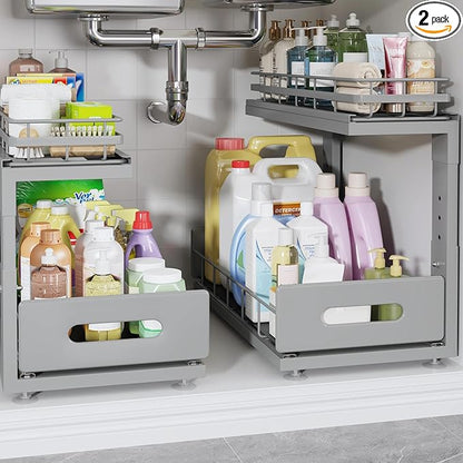 Under Sink Organizer Upgrade To Professional Rails,2-Tier Dual Pull Out Cabinet Storage,Height Adjustable Slide Out Drawers For Bathroom Kitchen,2 Pack-16.7"Dx12.8"-16.9"H,Gun Gray