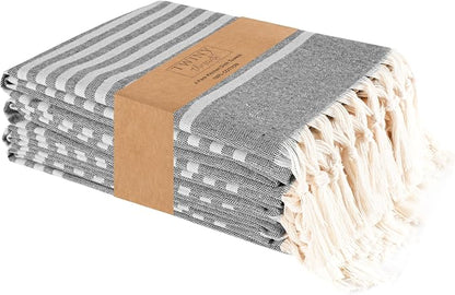 TWINY threads Set of 4 100% Cotton Turkish Kitchen Towels with Hanging Loop & Tassels (18" X 28") | Ultra Washcloth with Fringes | Reusable Hand Towels - Black
