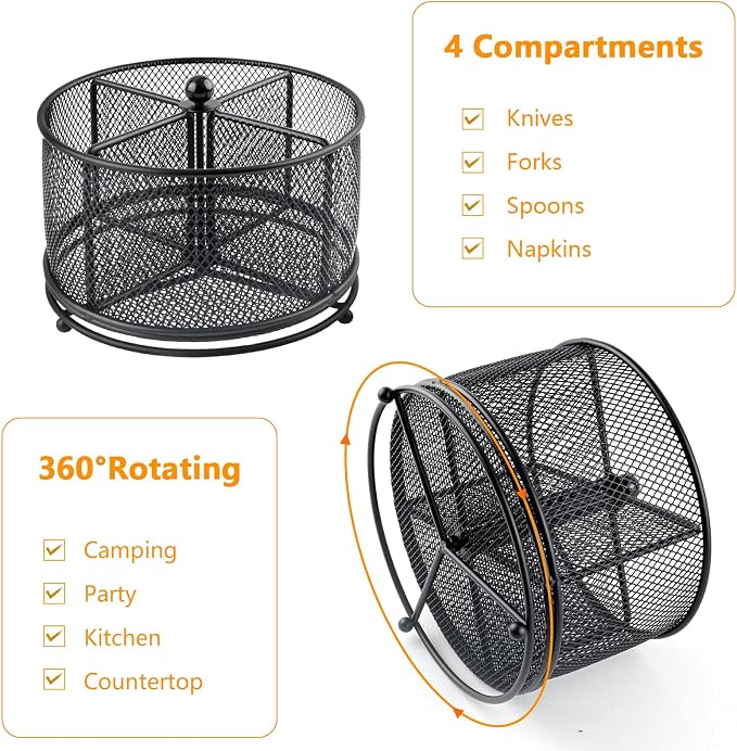 360° Rotating Metal Utensil Caddy - 4 Compartment Silverware Cutlery Holder Rotation Fork Spoon Napkin Organizer Flatware Storage Basket Party Countertop Buffet Picnic Camping Outdoor Black