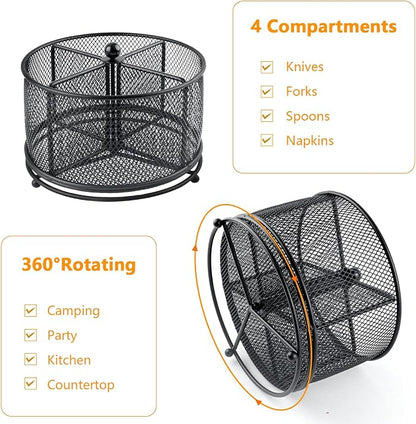 360° Rotating Metal Utensil Caddy - 4 Compartment Silverware Cutlery Holder Rotation Fork Spoon Napkin Organizer Flatware Storage Basket Party Countertop Buffet Picnic Camping Outdoor Black