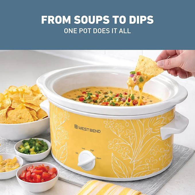 West Bend 4-Quart Manual Slow Cooker with 3 Cooking Settings, Dishwasher-Safe Ceramic and Glass Lid, 210 Watts, Yellow