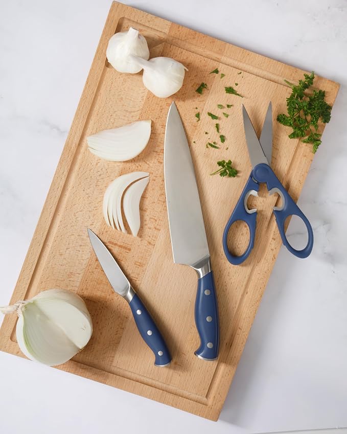 Martha Stewart Greeley Forged High Carbon Stainless Steel 14 Piece Knife Block Set, Navy Blue Kitchen Knife Set with Acacia Wood Block, Chef Knife, Bread Knife, Steak Knives
