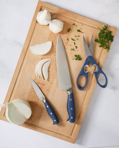Martha Stewart Greeley Forged High Carbon Stainless Steel 14 Piece Knife Block Set, Navy Blue Kitchen Knife Set with Acacia Wood Block, Chef Knife, Bread Knife, Steak Knives