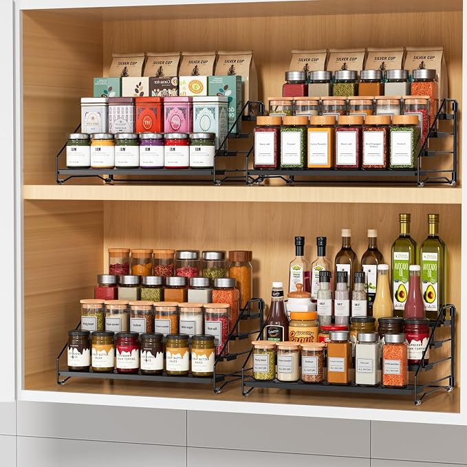 RCHYFEED Spice Rack Organizer for Cabinet Pantry,4 Tier Spice Rack Countertop,Tierd Spice Organization Easy Visibility, Depth Adjustable Seasoning Organizer for Cabinet (Black, 2Pack)