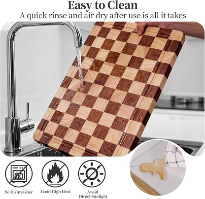 Checkered Cutting Board and Acrylic Cutting Board Set, 2 PCS Cutting Boards for Kitchen, Checkerboard Wood End Grain Chopping Board with Juice Groove & Acrylic Cooking Board with Counter Lip