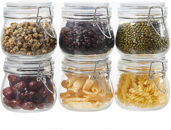 BJONKZ 6 Pack 17 oz Glass Jars with Airtight Lids – Food Storage Containers with Preserving Seal Wire Clip Fastening, Glass Canisters for Kitchen Canning Flour, Cereal, Sugar, Beans (17oz*6)