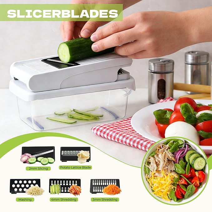 Vegetable Chopper, 17-in-1 Food Chopper with Built-in Container, Includes Cut-Resistant Gloves & Interchangeable Blades, Potato Onion Slicer for Salad Prep, Kitchen Gadgets for New Home