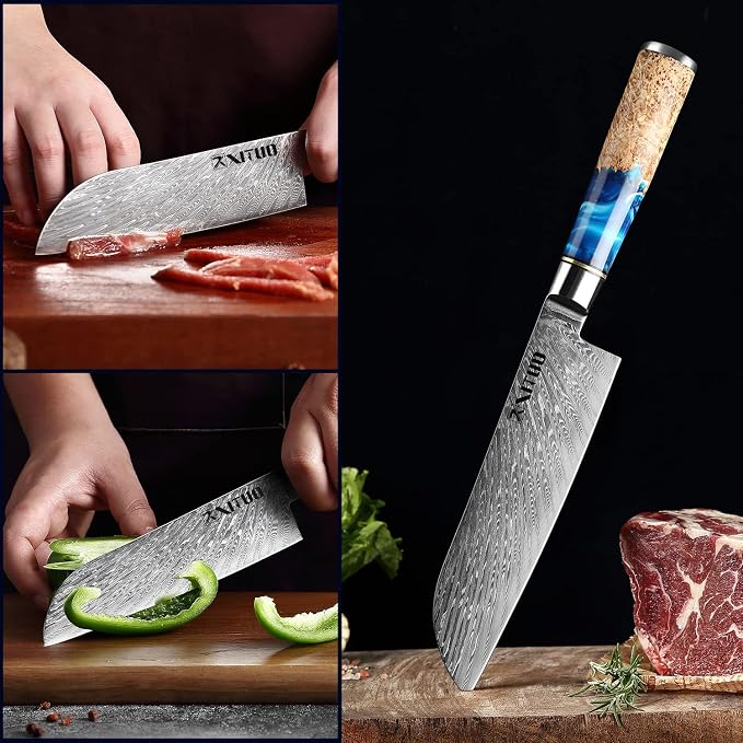 XITUO 7-Inch Santoku Knife, 67-Layer Japanese Damascus Steel Chef Knife, Ultra Sharp Kitchen Knife with Ergonomic Blue Resin & Wood Handle, Gift Box