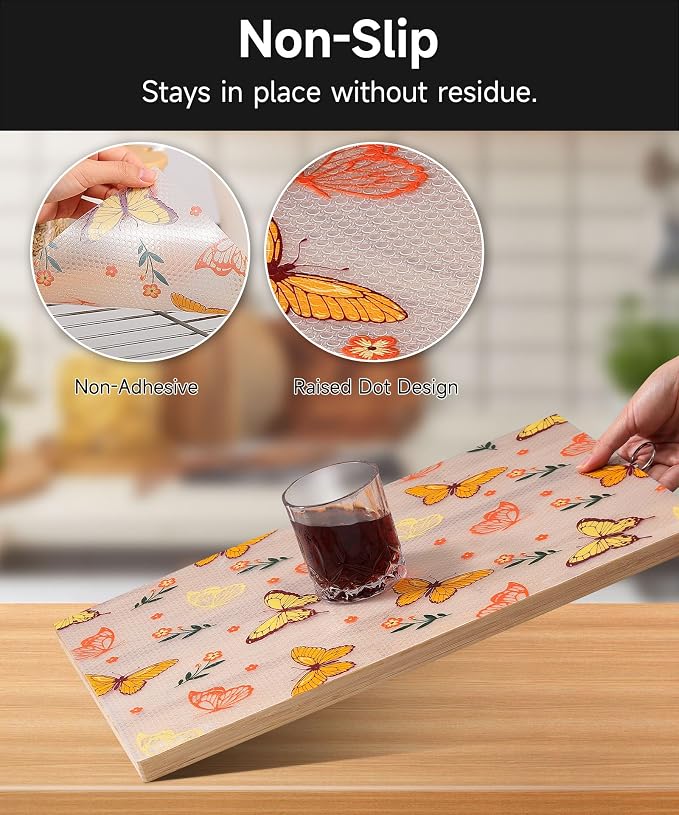 Cooyes Reusable Non-Adhesive Drawer and Shelf Liner for Kitchen Cabinets-Waterproof Shelf Paper, Easy to Cut and Install - Suitable for Dresser, Pantry, Cupboard(Colorful Butterfly, 17.7" W x 197" L)