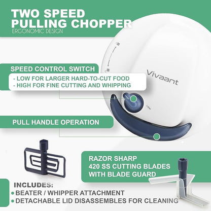 Vivaant Manual Food Processor - 5 Cup (1.2L) Capacity Hand Pull String Garlic Chopper, Manual Food Chopper with Pull Functionality, Pull Chopper and Vegetable Cutter for Effortless Cooking