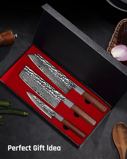 YOTSUBA 3PCS Japanese Damascus kitchen knife set – Ultra Sharp Hand-Forged High Carbon Steel Blades with Genuine Natural Hardwood Handles, Professional Kitchen Knives for Chopping Meat & Vegetables