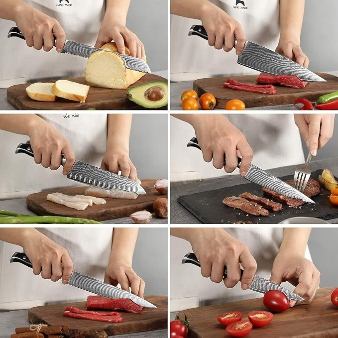16-Piece Damascus Knife Set with Block, VG10 67-Layer Damascus Steel Kitchen Knife Set with Triple-Rivet Handles, 6 Steak Knives, Meat Fork, Sharpener & Scissors, Gray